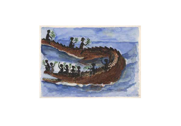 Kala Waia / Meriam Mir people / Gaizu an the girls on Aka's back 1971 / Watercolour on paper / Margaret Lawrie Collection of Torres Strait Islands Material, John Oxley Library, State Library of Queensland. TR1791/334